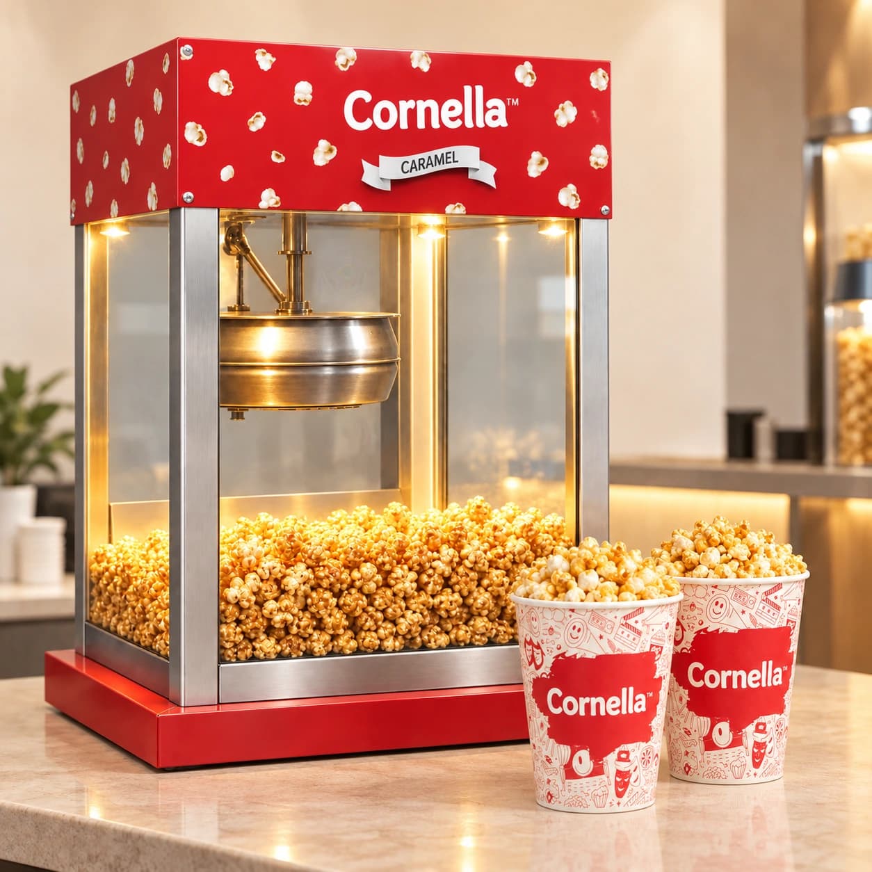Illustrative Cornella popcorn counter with a red machine and red-and-cream serving tubs