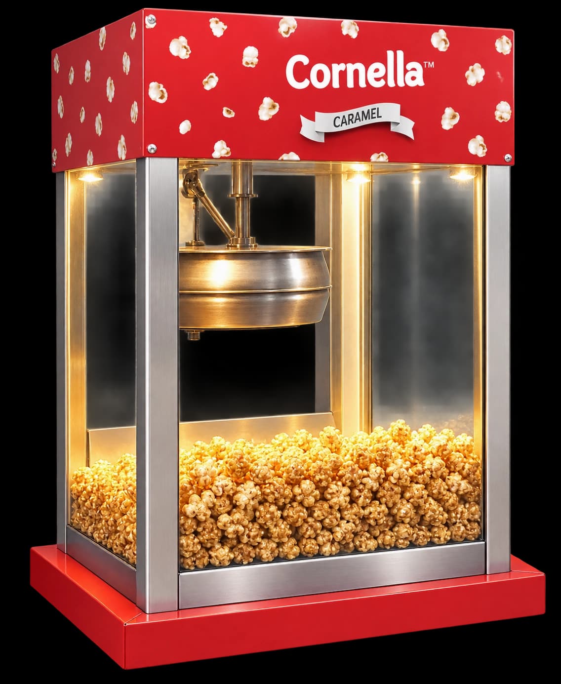 Recreated Cornella popcorn machine with a red canopy, glass cabinet and steel kettle