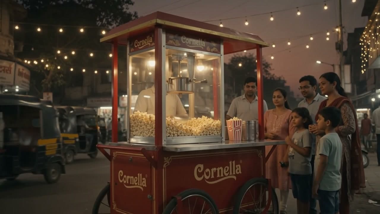 Concept illustration of a Cornella popcorn cart in an Indian market
