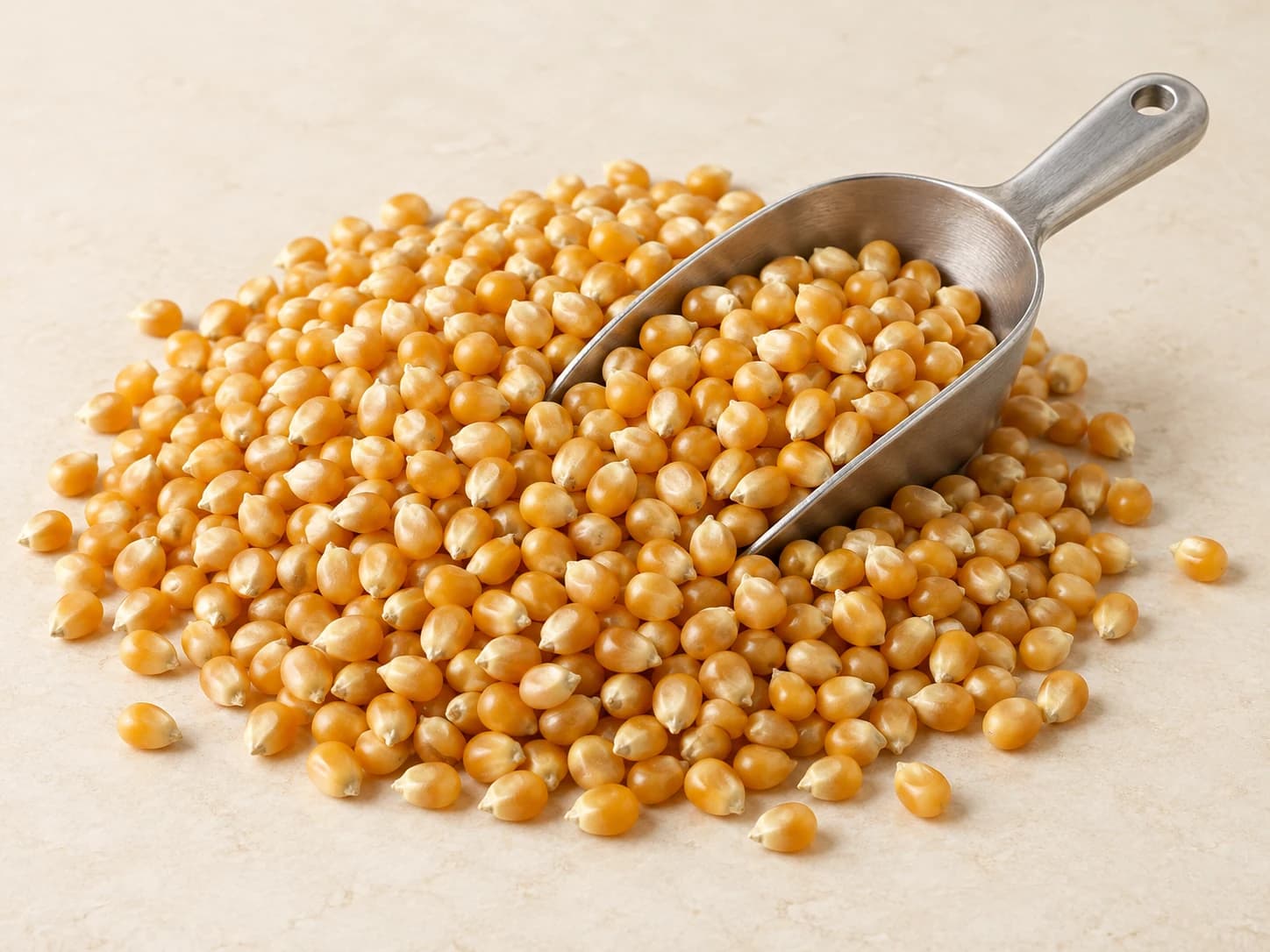 Illustrative golden popping-maize kernels with a stainless steel grain scoop